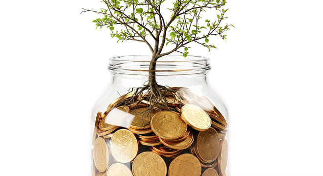 Green plant tree growing from glass jar full of gold coins isolated on white background concept investment growth wealth financial success savings - Powered by Adobe