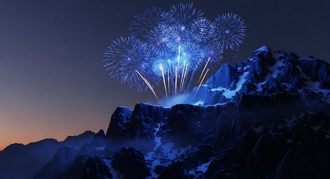 Blue fireworks light up snowy mountains under a starry night sky