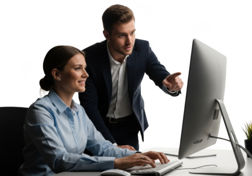 Diverse professionals collaborating on computer screen in modern office transparent background