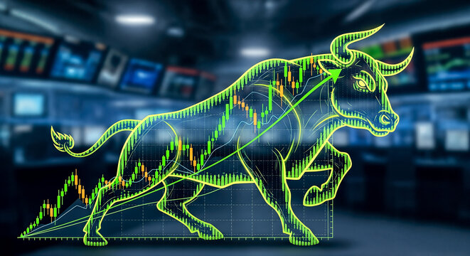 Glowing neon bull running up financial chart graph on dark background concept stock market growth bullish trend investment profit success