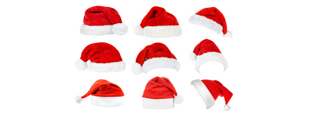 set of christmas santa claus red caps isolated on transparent background 