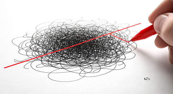 Hand drawing red straight line through chaotic tangled scribble on white paper concept problem solving solution simplification clarity strategy