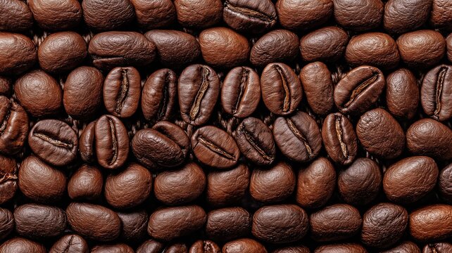 Coffee beans arranged in a tight, structured rows grid pattern for a highly organized close-up background, showcasing the texture, sheen, and uniformity of roasted brown beans in precise order