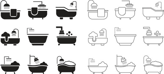 Bathroom bathtub flat and outline icon set with modern shower symbols. Minimal vectors illustrations showing tubs, bubbles and water flow elements for home interior designs and perfect for cleaning.