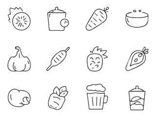 Food and Kitchen Line Icons Set – Fruits, Vegetables, Cookware, Drinks & Ingredients