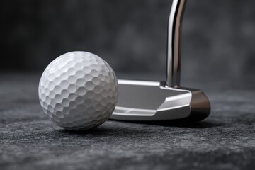 Silver putter next to white golf ball on dark gray surface, ready for a precise shot in indoor putting practice