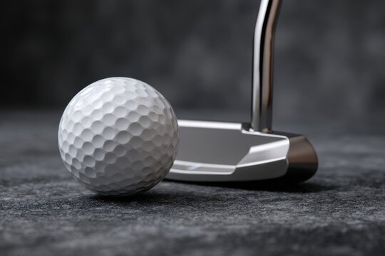 Silver putter next to white golf ball on dark gray surface, ready for a precise shot in indoor putting practice