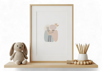Adorable abstract art print with friendly shapes in a frame, bringing a calming modern aesthetic to a nursery or child's room, also great for creative playroom decor