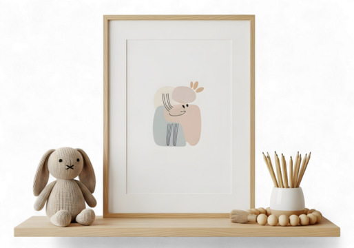 Adorable abstract art print with friendly shapes in a frame, bringing a calming modern aesthetic to a nursery or child's room, also great for creative playroom decor