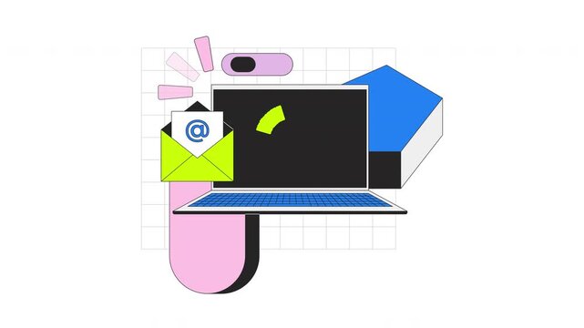Email and loading throbber on laptop 2D onboarding ui animation. E-mail envelope with web elements. Newsletter notebook technology animated cartoon flat concept, app intro 4K video isolated on white