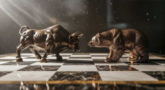 Golden bull and bear statues facing each other on chess board stock market trading strategy financial conflict competition risk
