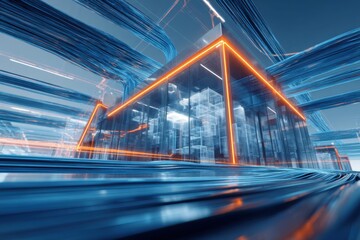 Futuristic digital banking hub featuring metallic architecture and glowing elements in a vibrant urban setting at dusk