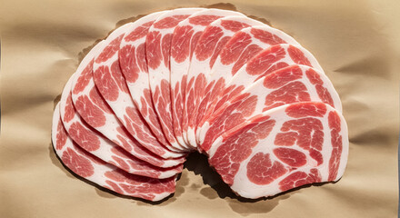 Thin Pork Shoulder Slices Fanned on Kraft Paper