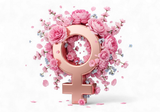 Celebrate International Women's Day with this stunning floral Venus symbol arrangement, a symbol of female empowerment, strength, and beauty surrounded by delicate pink blossoms