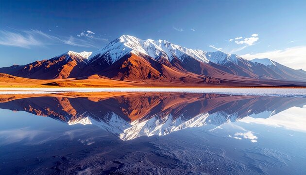 A stunning natural landscape featuring snow-covered mountain peaks mirrored perfectly in a serene body of water. - Powered by Adobe