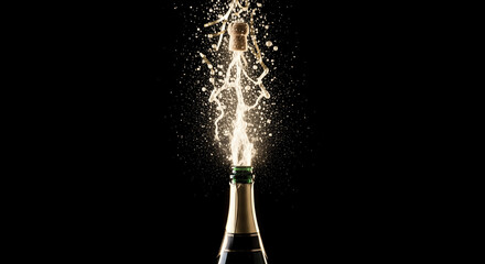Champagne bottle popping, cork explosion, celebration splash, new year party, golden spray, success toast, festive event, isolated on black background