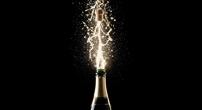 Champagne bottle popping, cork explosion, celebration splash, new year party, golden spray, success toast, festive event, isolated on black background
