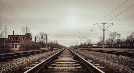 Obraz premium Railway tracks leading to horizon in industrial area. Sepia toned landscape with railroad and old factory. Travel, journey, and transportation concept. Gloomy weather mood