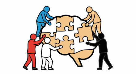 Five figures assembling puzzle pieces to form a brain, symbolizing teamwork.
