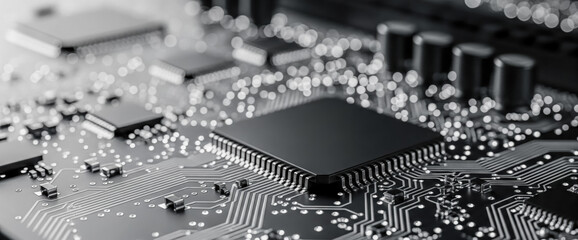 Monochrome technology background with computer processor on circuit board, black and white hardware closeup for corporate presentation and IT industry abstract concept
