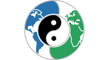 Obraz premium A symbolic representation of global balance, incorporating yin-yang and world maps.