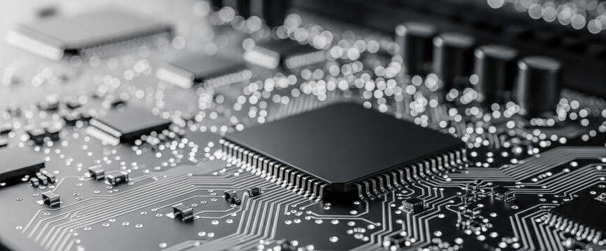 Monochrome technology background with computer processor on circuit board, black and white hardware closeup for corporate presentation and IT industry abstract concept