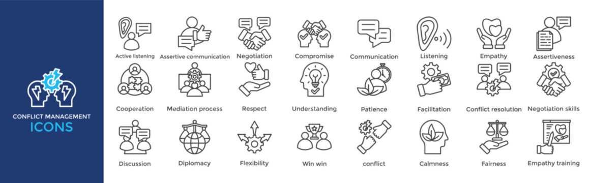 conflict management icon set. Containing Negotiation, Compromise, Communication, Listening, Empathy