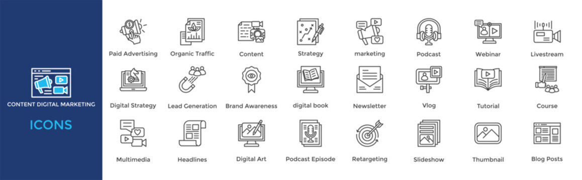 content digital marketing icon set. Containing Content Marketing, Paid Advertising, Organic Traffic, Content, Strategy, marketing, Podcast