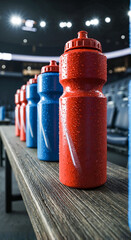 Sports water bottles in red and blue on wooden bench indoors  