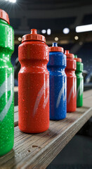 Colorful sports water bottles lined up on wooden bench in stadium  