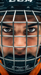 Intense hockey player wearing a helmet and cage mask looking forward  