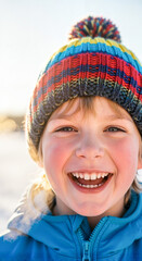 Smiling young boy wearing colorful hat outdoors in winter snow  