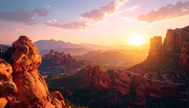 A breathtaking sunset illuminates the vibrant red rock canyons and mesas of Sedona, Arizona, creating a scene of natural beauty and tranquility. - Powered by Adobe