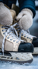 Person tying ice skates while preparing to skate outdoors in winter  