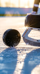 Hockey puck on ice with skates in sunlight during winter  