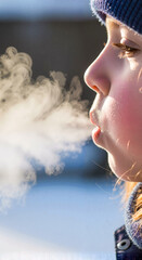 Child blowing warm breath in cold winter air with snow background  
