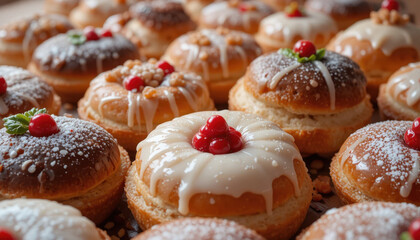 Variety of delicious pastries topped with icing, cherries, and nuts are displayed, showcasing tempting assortment of baked goods. pastries are dusted with powdered sugar, adding festive touch