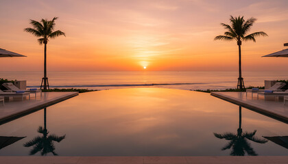 Infinity pool reflecting sunset with palms and ocean view creating a serene tropical scene