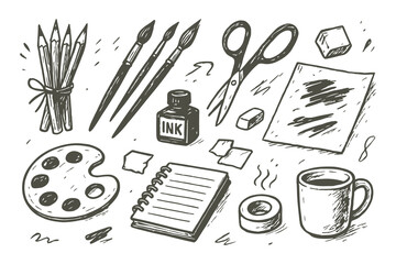 Hand-Drawn Artist Workspace Tools Set – Sketchy Black and White Vector Collection