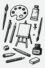 Hand Drawn Art Supplies Vector Set — Sketchy Black and White Creative Tools Illustration
