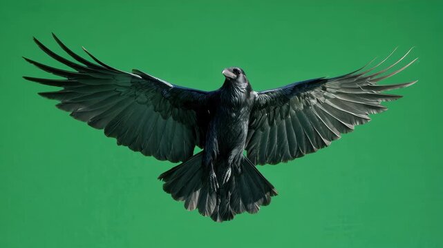 Majestic black raven soaring elegantly in mid flight against a vivid green background during daylight