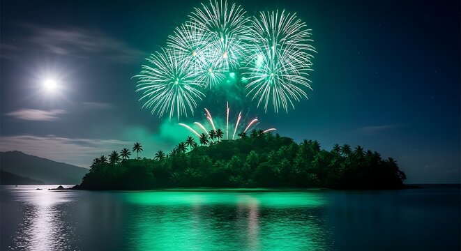 Green fireworks burst over tropical island, moonlit water below