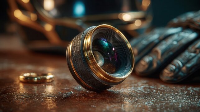 Capture the magic of storytelling with this stunning, professional camera lens and golden ring, perfect for adding depth and emotion to your creative projects. - Powered by Adobe