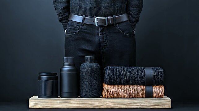 A person wearing a black sweater, black jeans, and a brown belt stands behind a wooden shelf displaying black grooming bottles and two rolled towels.