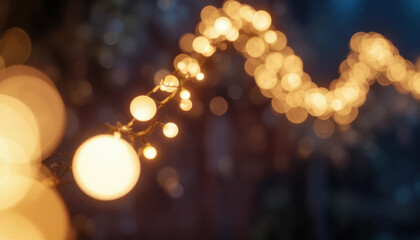 Fototapeta premium String of warm, glowing fairy lights creates cozy and festive atmosphere with soft bokeh effect in background, perfect for holiday or celebration settings