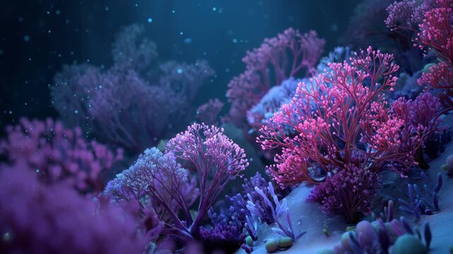 Coral reef alive with colorful polyps glowing in the underwater night, showcasing vibrant life beneath the ocean surface
