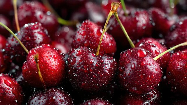 Fresh cherries glisten with water droplets creating a vivid and appetizing display in a summer fruit market under bright sunlight