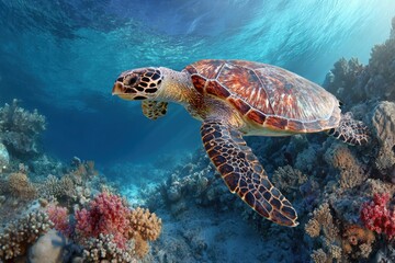 Fototapeta premium Hawksbill turtle swims gracefully among colorful coral reef in a vibrant underwater scene