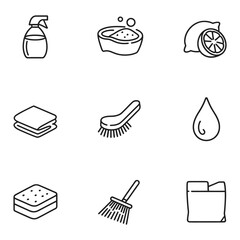 Cleaning Supplies Icons Including Spray Bottle Sponge Brush and Lemon symbol