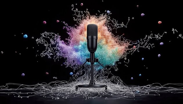 A black microphone on a stand is surrounded by a vibrant explosion of colorful particles and abstract white lines against a dark background.